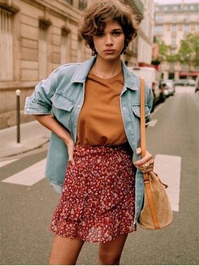 Sézane Carolina Burgundy floral print Ruffle Mini Skirt size 4
